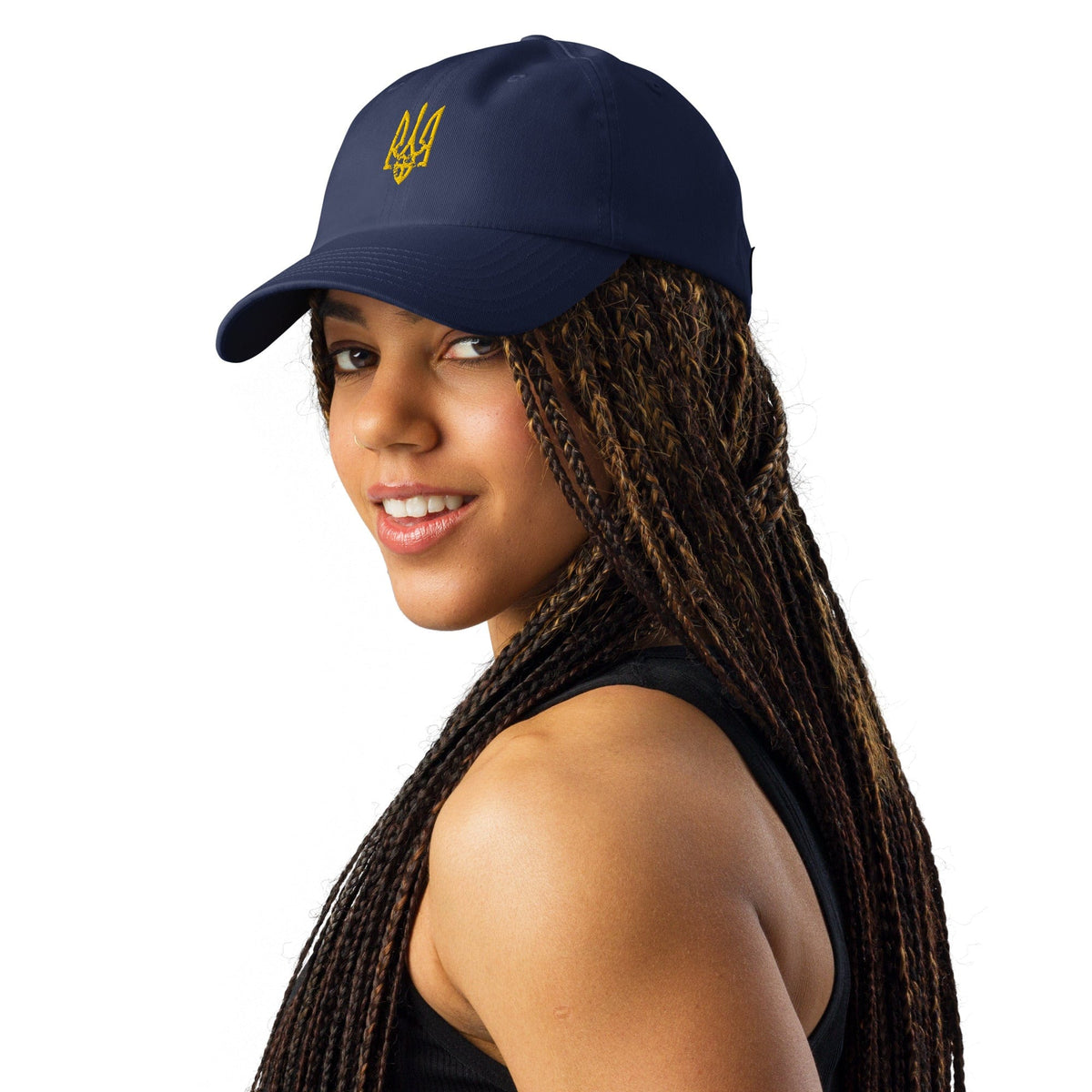 Navy Under Armour® cap with yellow Ukrainian trident emblem, side view