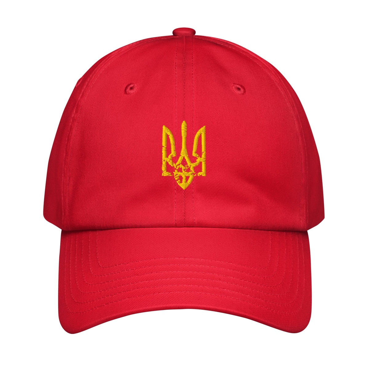 Red baseball cap with yellow embroidered trident emblem on front panel