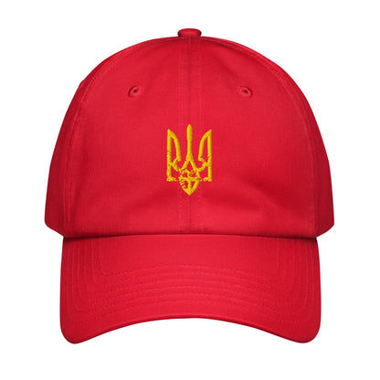 Red baseball cap with yellow embroidered trident emblem on front panel