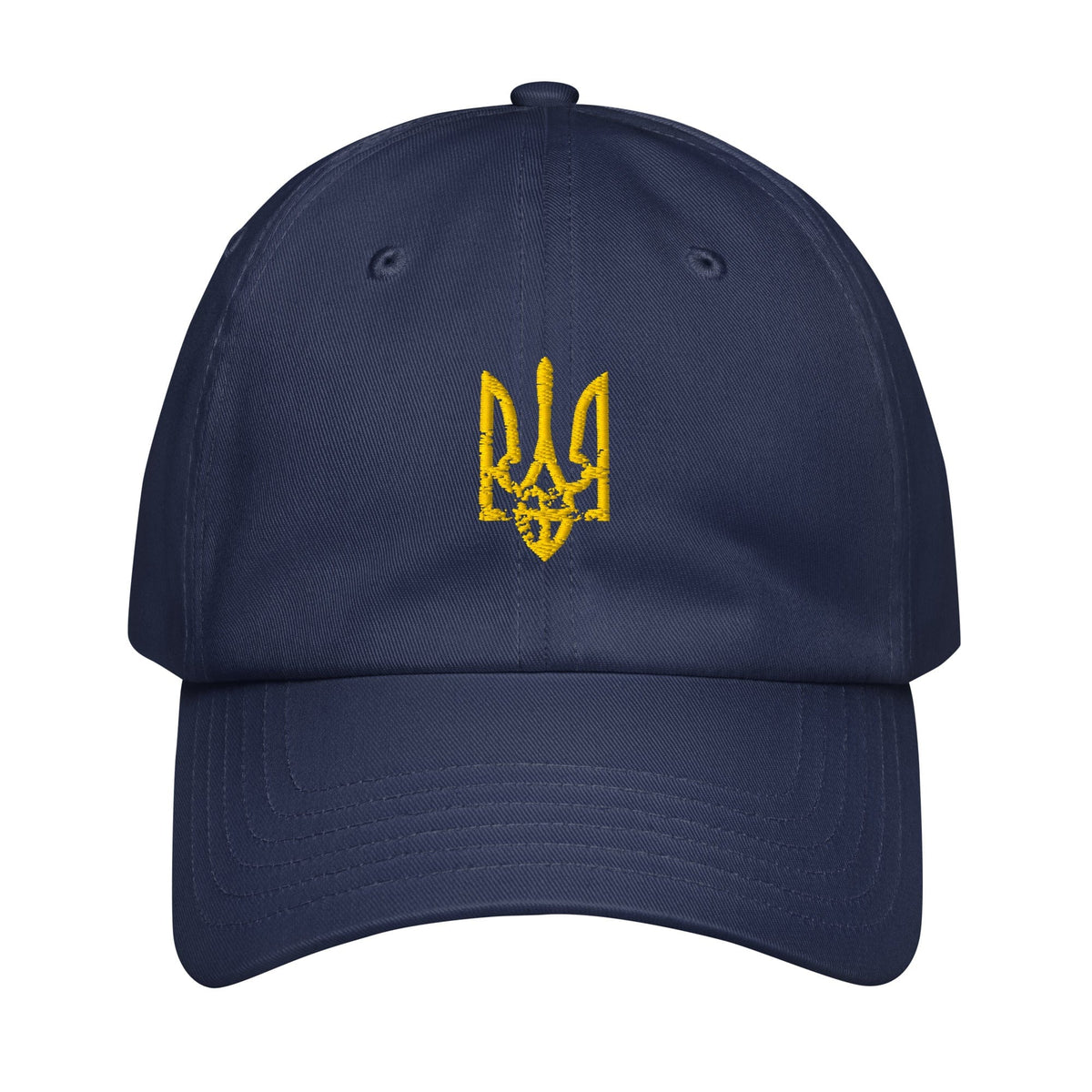 Navy baseball cap with yellow embroidered Ukrainian trident emblem on front panel