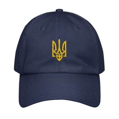 Navy baseball cap with yellow embroidered Ukrainian trident emblem on front panel