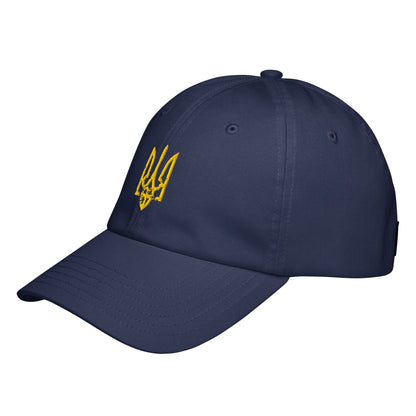 Navy baseball cap with yellow Ukrainian trident emblem on side panel