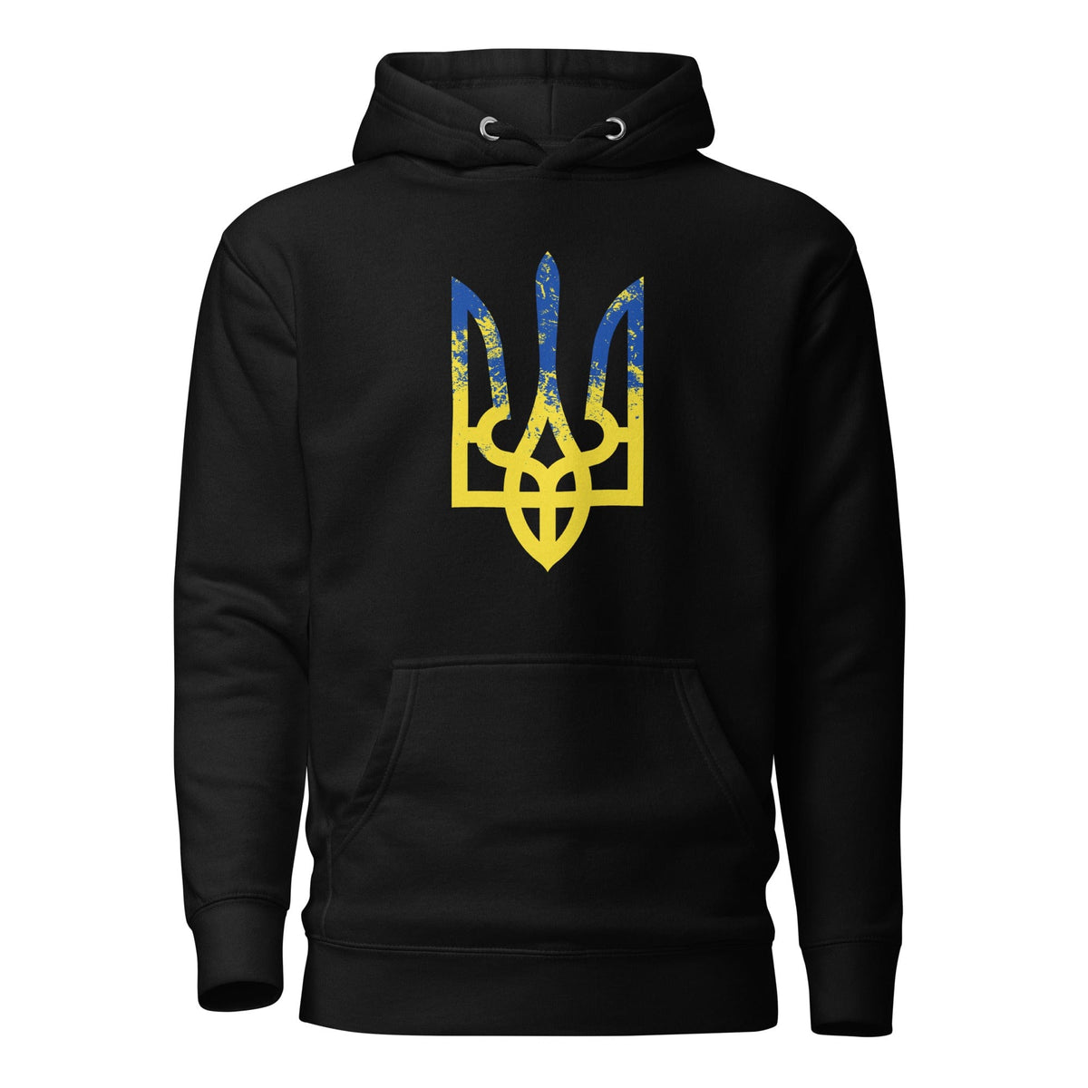 Black hoodie with colorful trident emblem on the chest and front kangaroo pocket