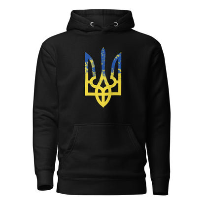 Black hoodie with colorful trident emblem on the chest and front kangaroo pocket