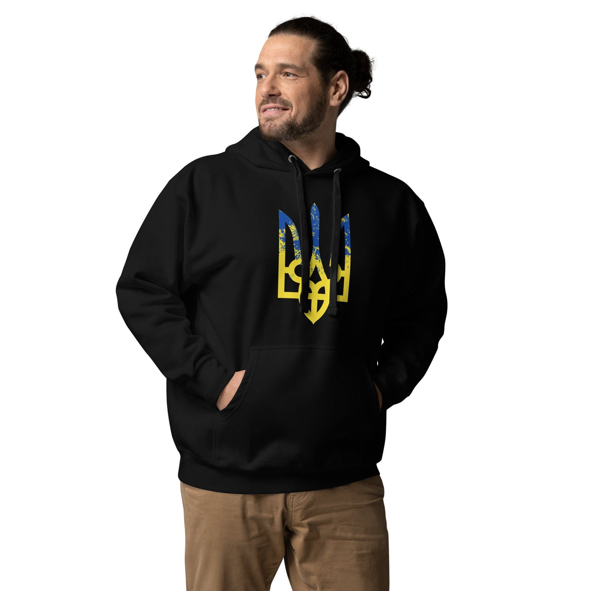 Black hoodie with colorful trident emblem on the chest, long sleeves, kangaroo pocket