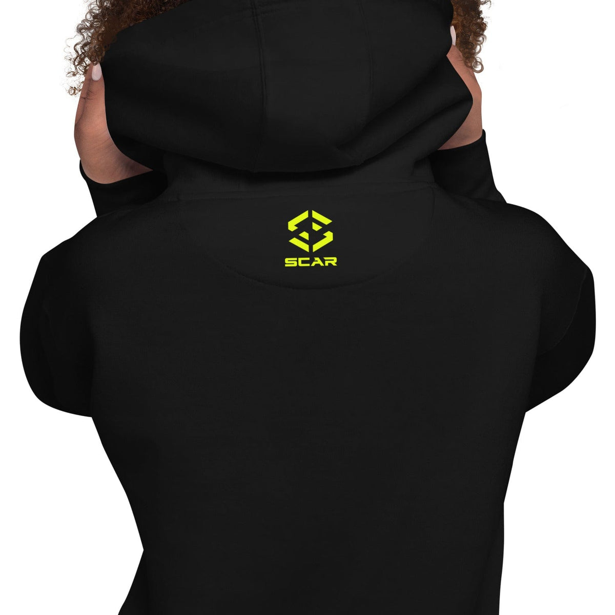 Black hoodie with small yellow SCAR logo on the back and drawstring hood