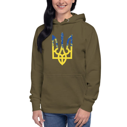 Olive green hoodie with colorful trident emblem on the chest and front kangaroo pocket