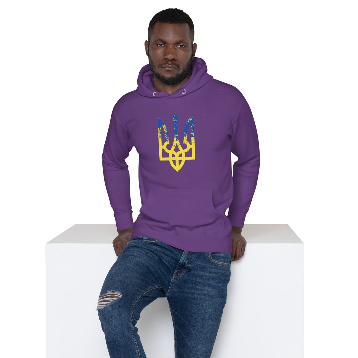 Purple hoodie with colorful trident emblem on the chest and drawstring hood