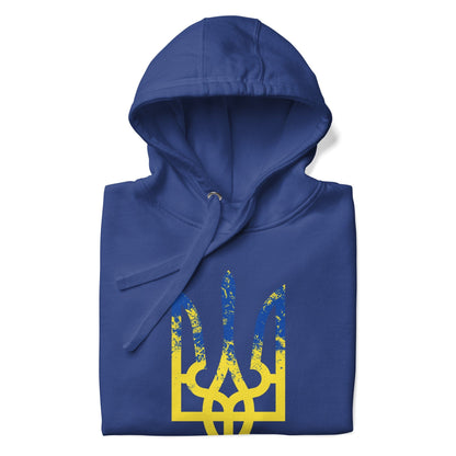 Blue hoodie with colorful trident emblem on the front, front pocket, drawstring hood