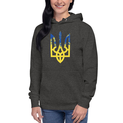 Charcoal heather hoodie with colorful trident emblem on the chest and front kangaroo pocket