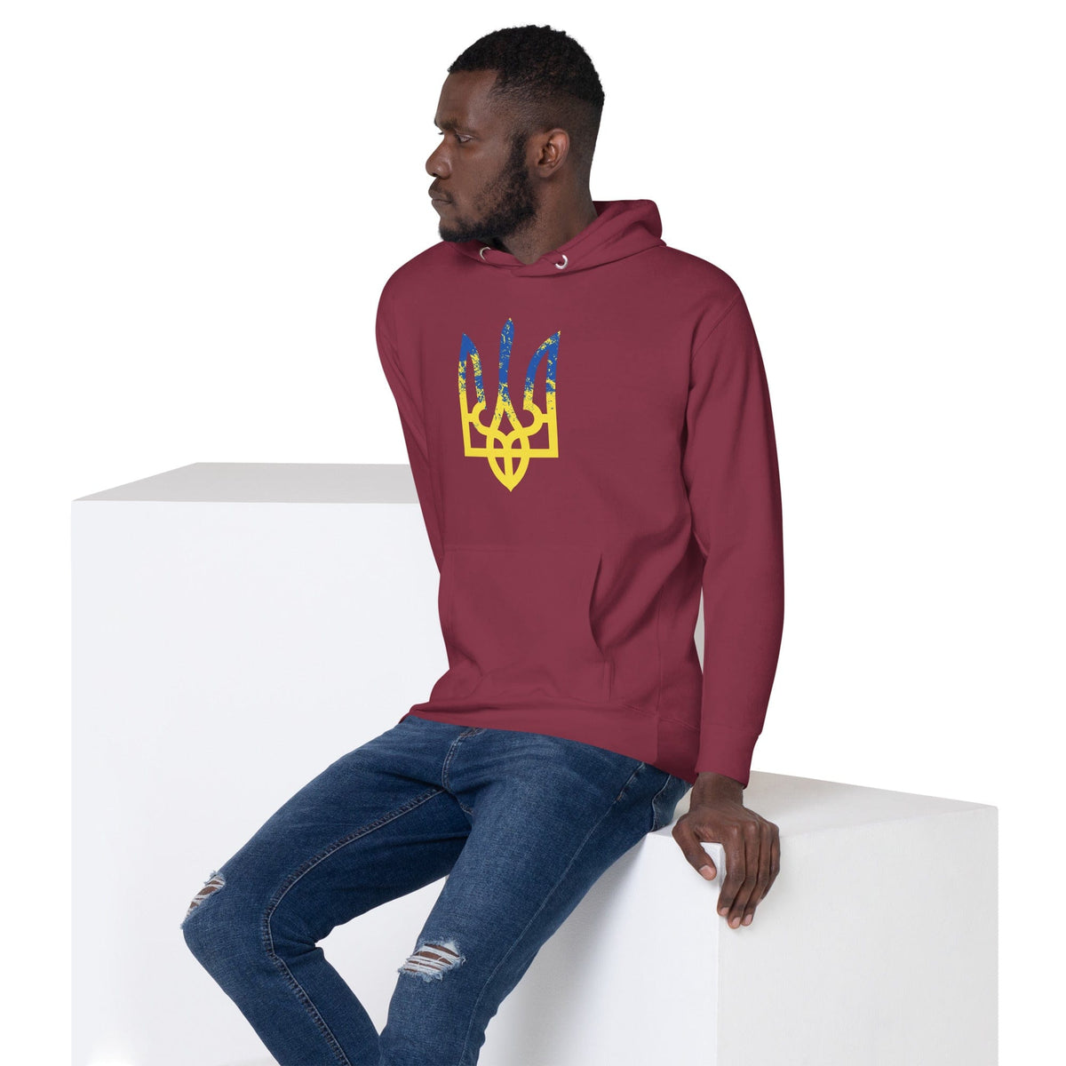 Maroon hoodie with colorful trident emblem on the chest, drawstring hood, kangaroo pocket