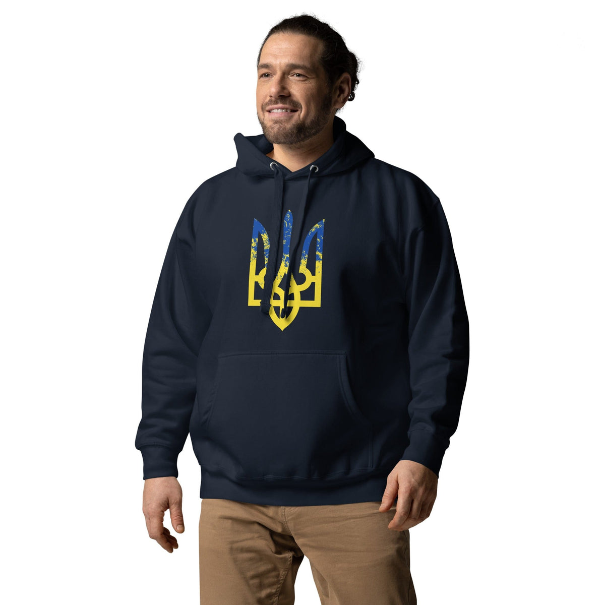 Ukrainian Trident hoodie in navy with colorful trizub logo on chest