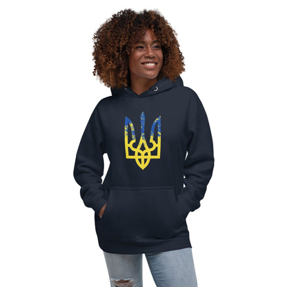 Ukrainian Trident hoodie in dark navy with colorful trizub logo and front pocket