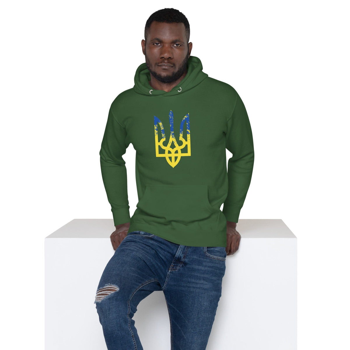 Ukrainian Trident hoodie in green with colorful trizub logo on chest