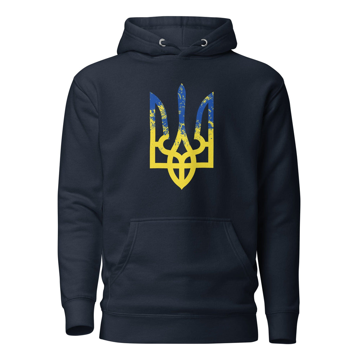 Ukrainian Trident hoodie in dark navy with colorful trizub logo on back