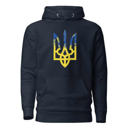 Ukrainian Trident hoodie in dark navy with colorful trizub logo on back