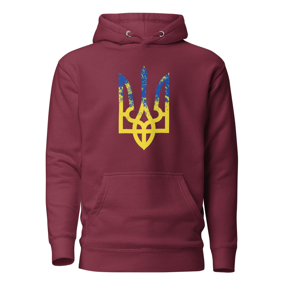 Ukrainian Trident hoodie in maroon with colorful trizub logo on back