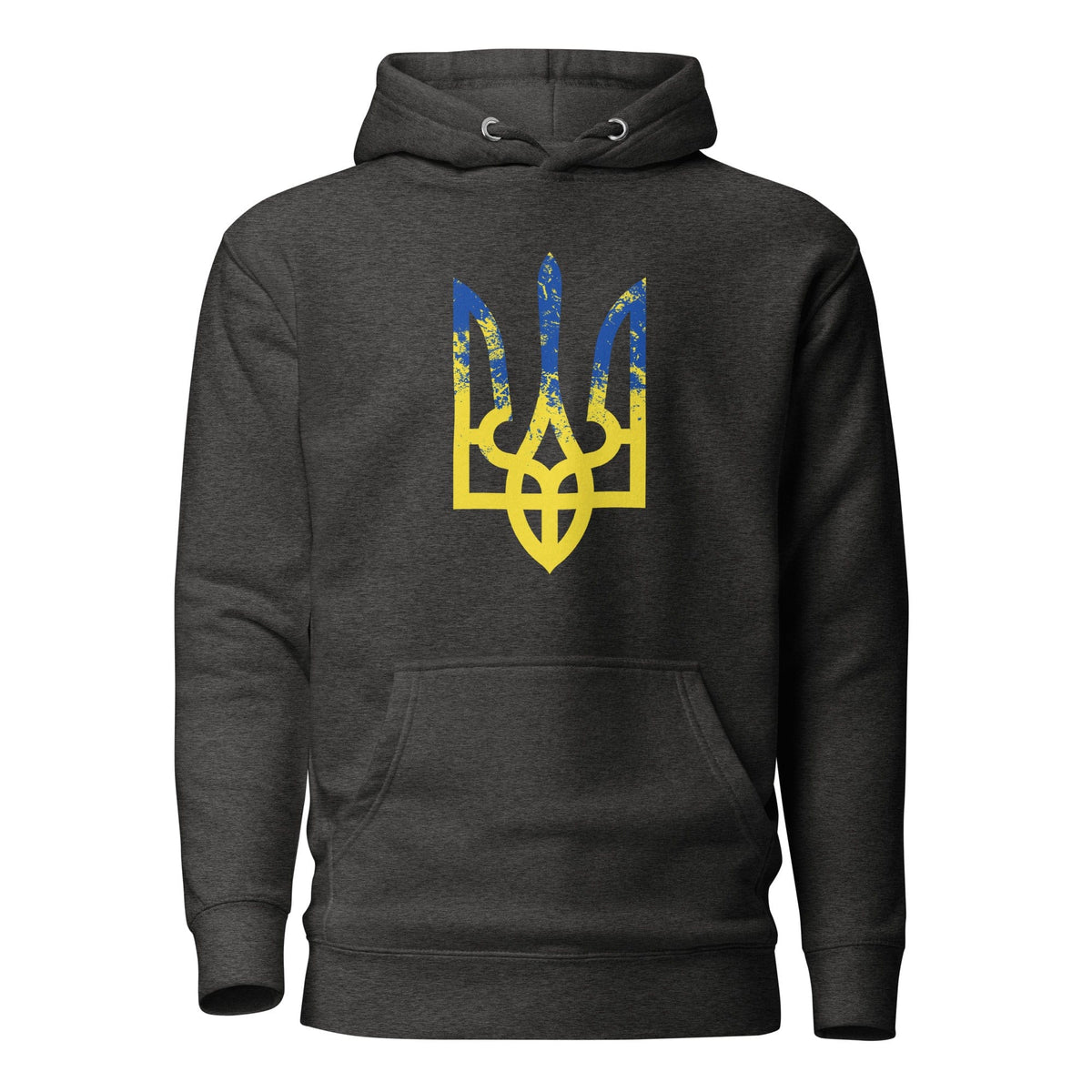 Ukrainian Trident hoodie in charcoal with colorful trizub logo on back
