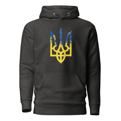 Ukrainian Trident hoodie in charcoal with colorful trizub logo on back