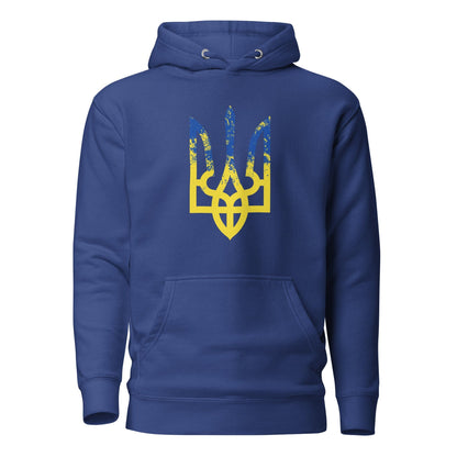 Ukrainian Trident hoodie in royal blue with colorful trizub logo on back