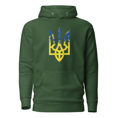 Ukrainian Trident hoodie in forest green with colorful trizub logo on back