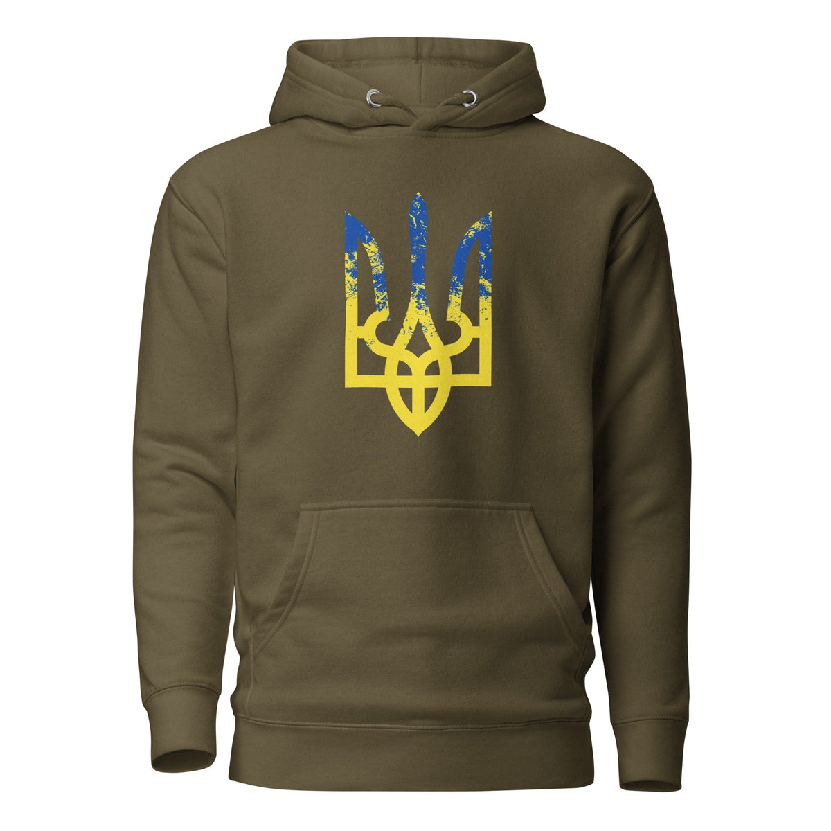 Ukrainian Trident hoodie in olive green with colorful trizub logo on back