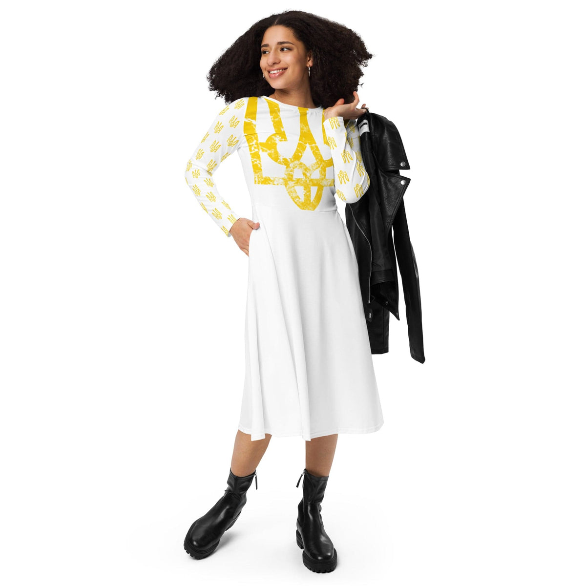 White midi dress with long sleeves and yellow all-over trident graphic