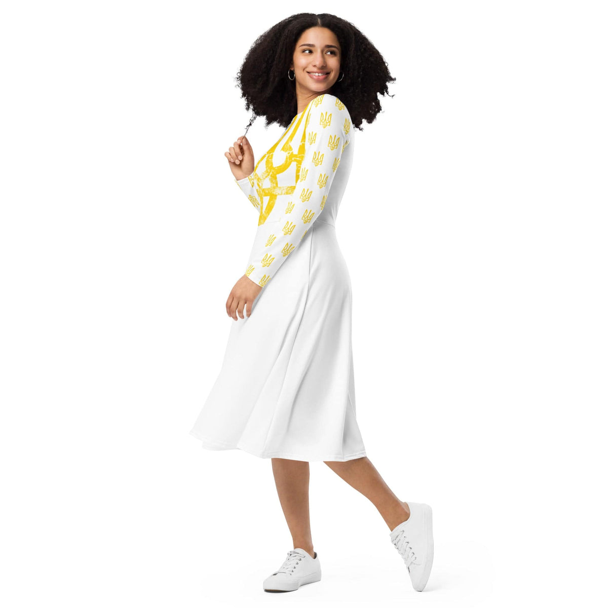 White midi dress with yellow trident print and long sleeves, front view