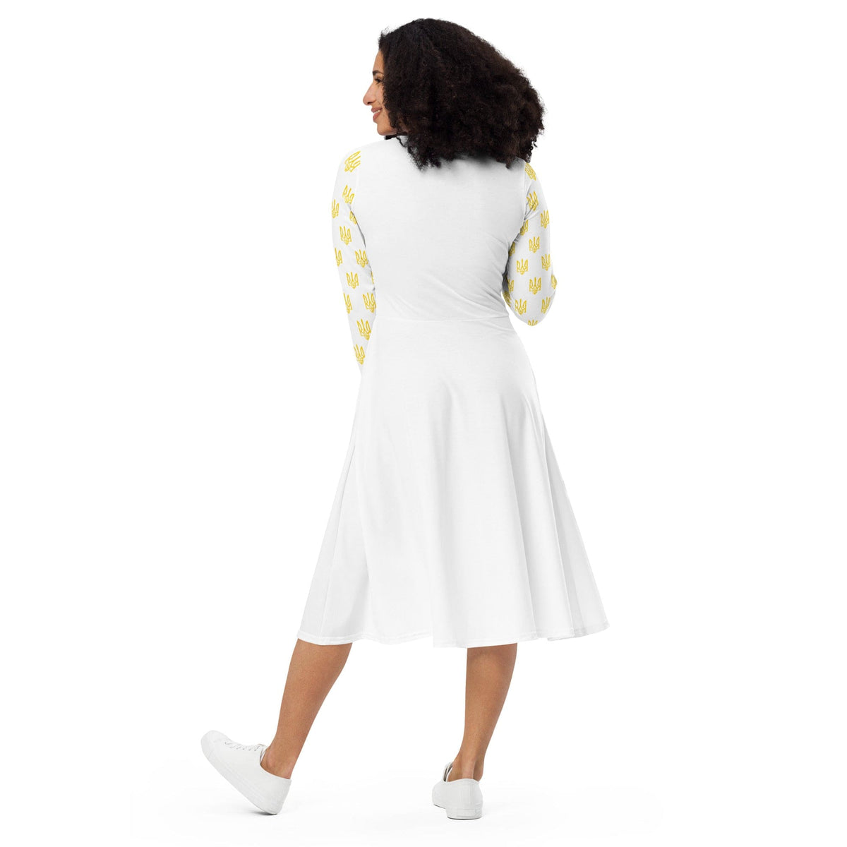 White long-sleeve midi dress with yellow trident print, back view