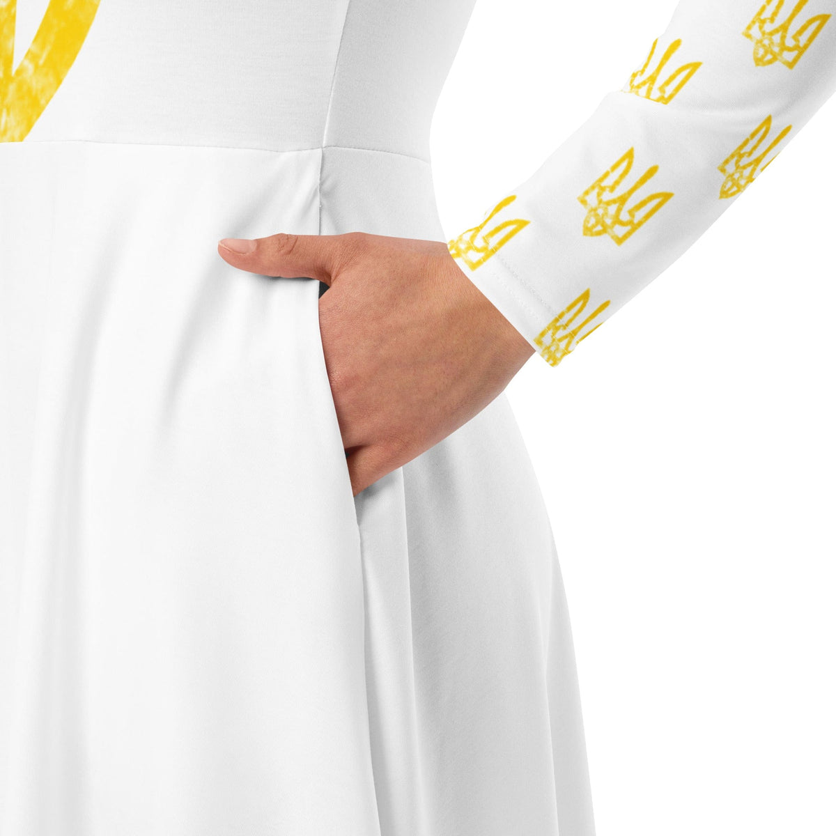 White dress with yellow long-sleeve trident print and gathered waist seam