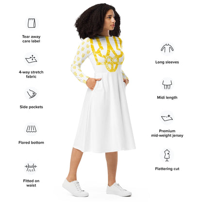 White midi dress with yellow trident print, long sleeves and flared skirt