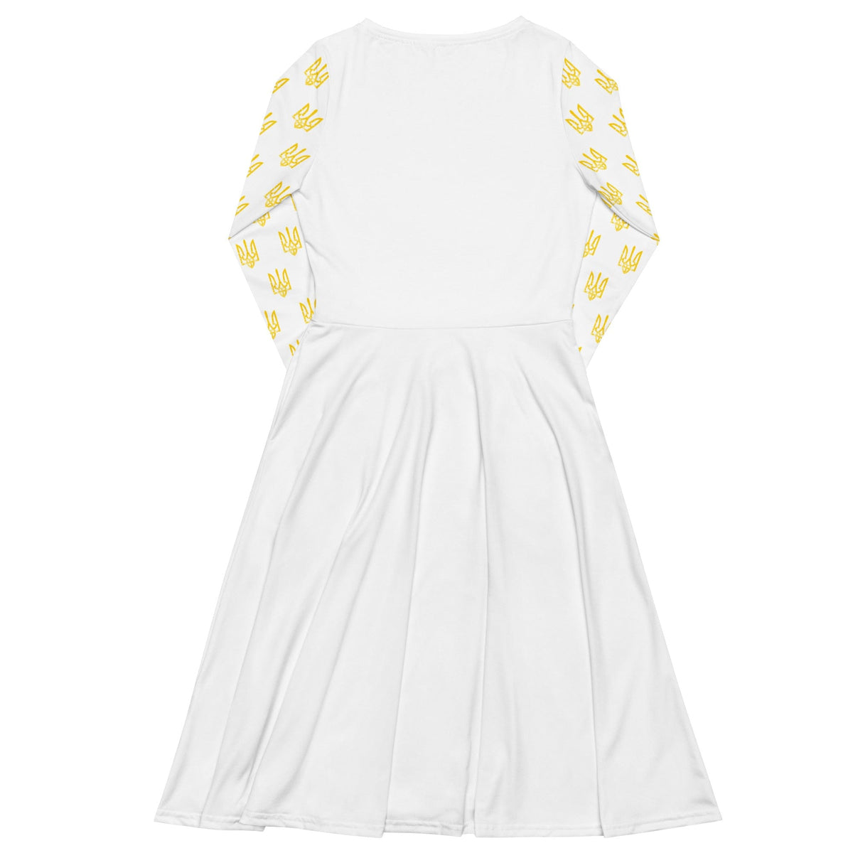 White midi dress with yellow trident print sleeves and flared skirt, back view