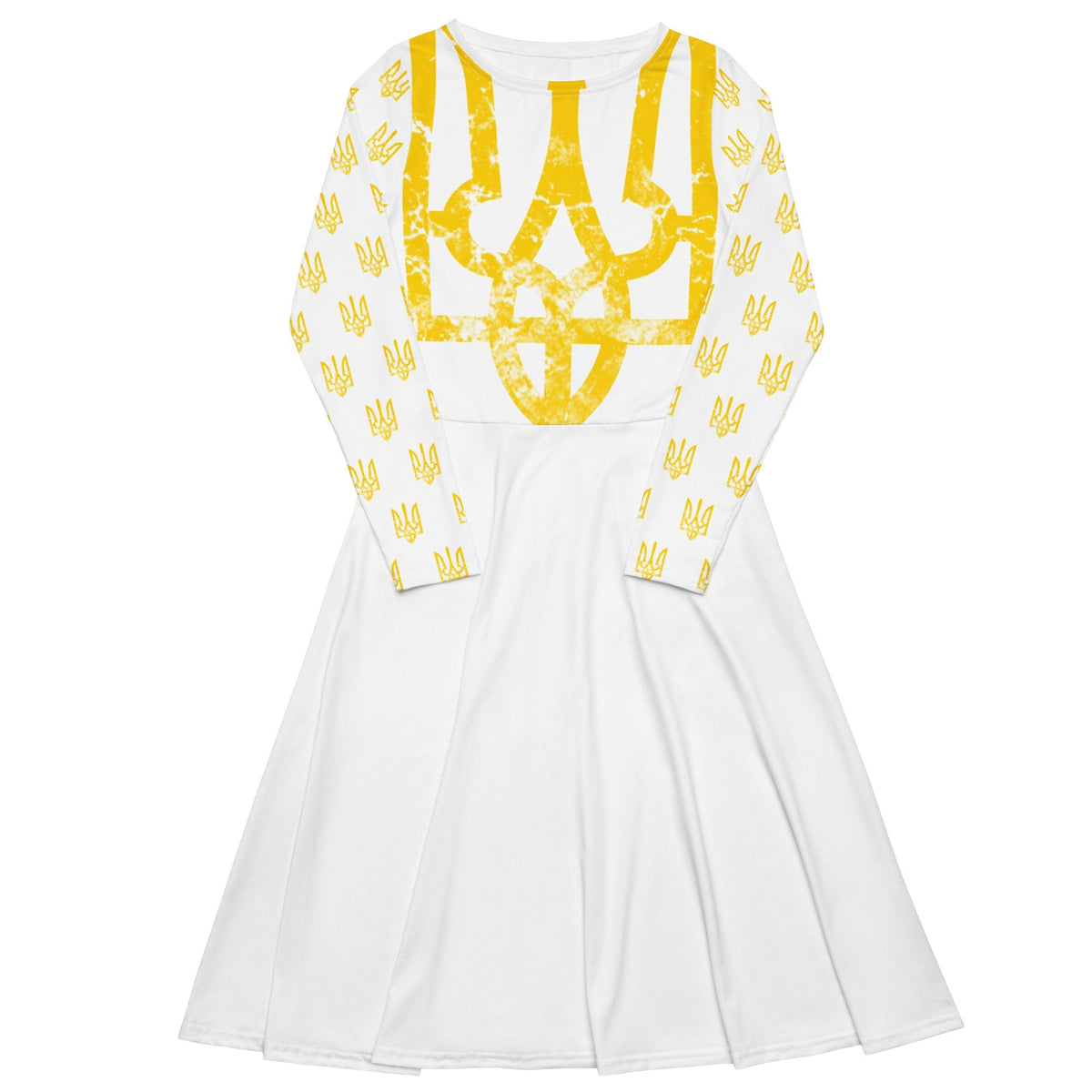 White midi dress with yellow trident emblem top and long-sleeve print