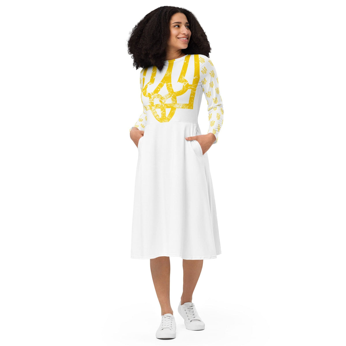White midi dress with yellow trident print and long sleeves, front view