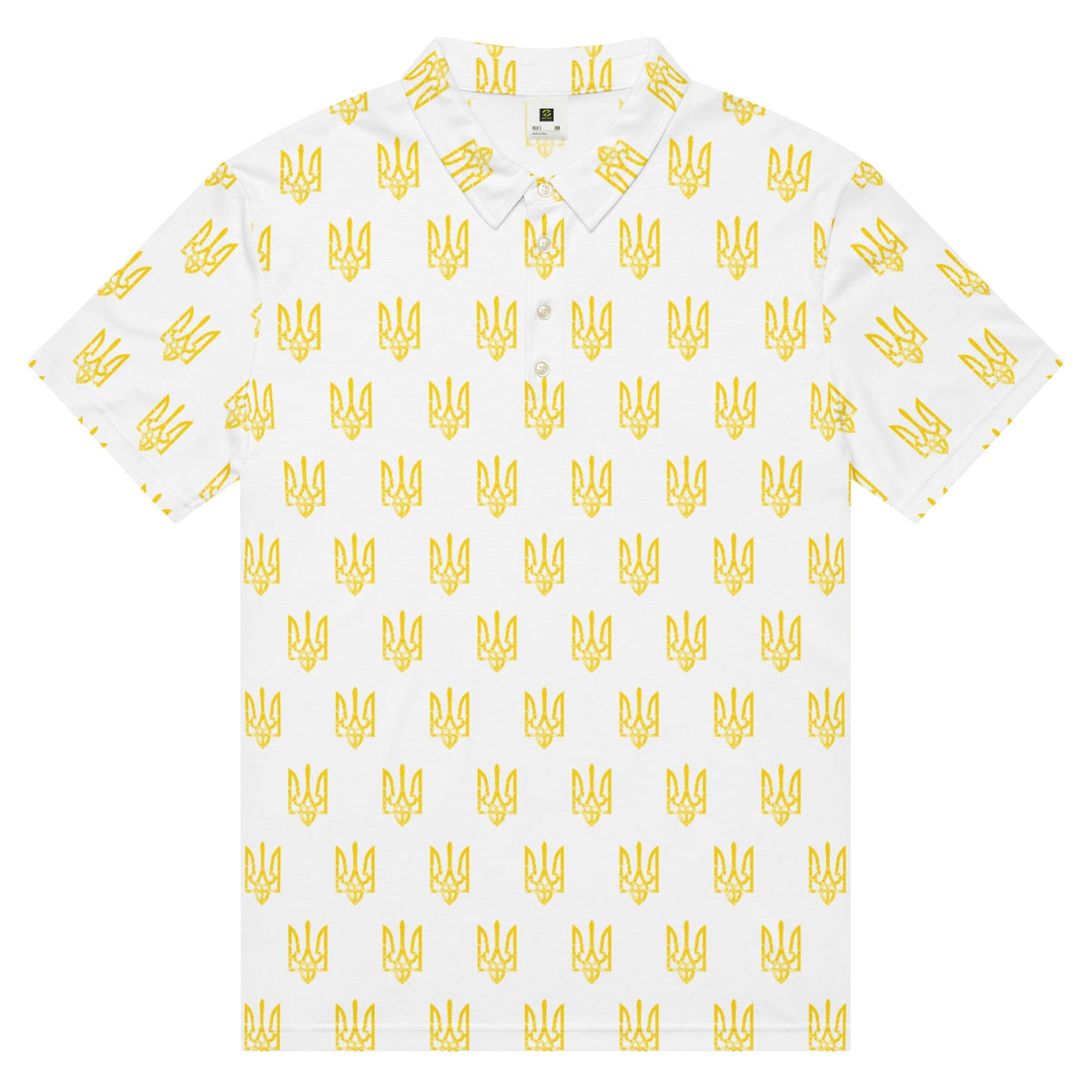 Men’s slim fit polo shirt in white with repeating yellow trident pattern; short sleeves.