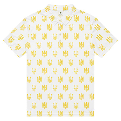 Men’s slim fit polo shirt in white with repeating yellow trident pattern; short sleeves.