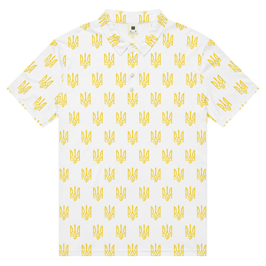 Men’s slim fit polo shirt in white with repeating yellow trident pattern; short sleeves.