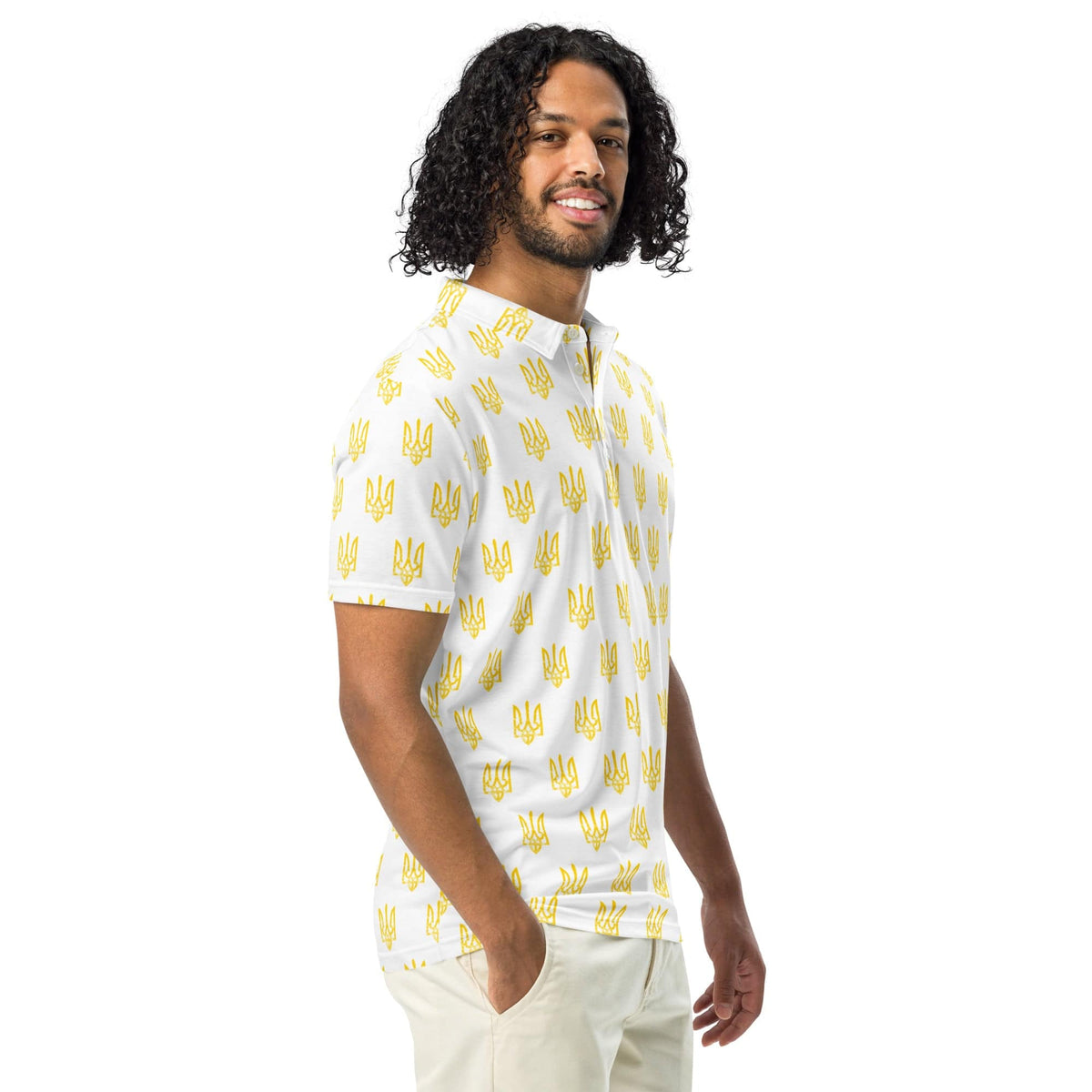 Men’s slim fit polo shirt with yellow trident print on white; worn model, side view.