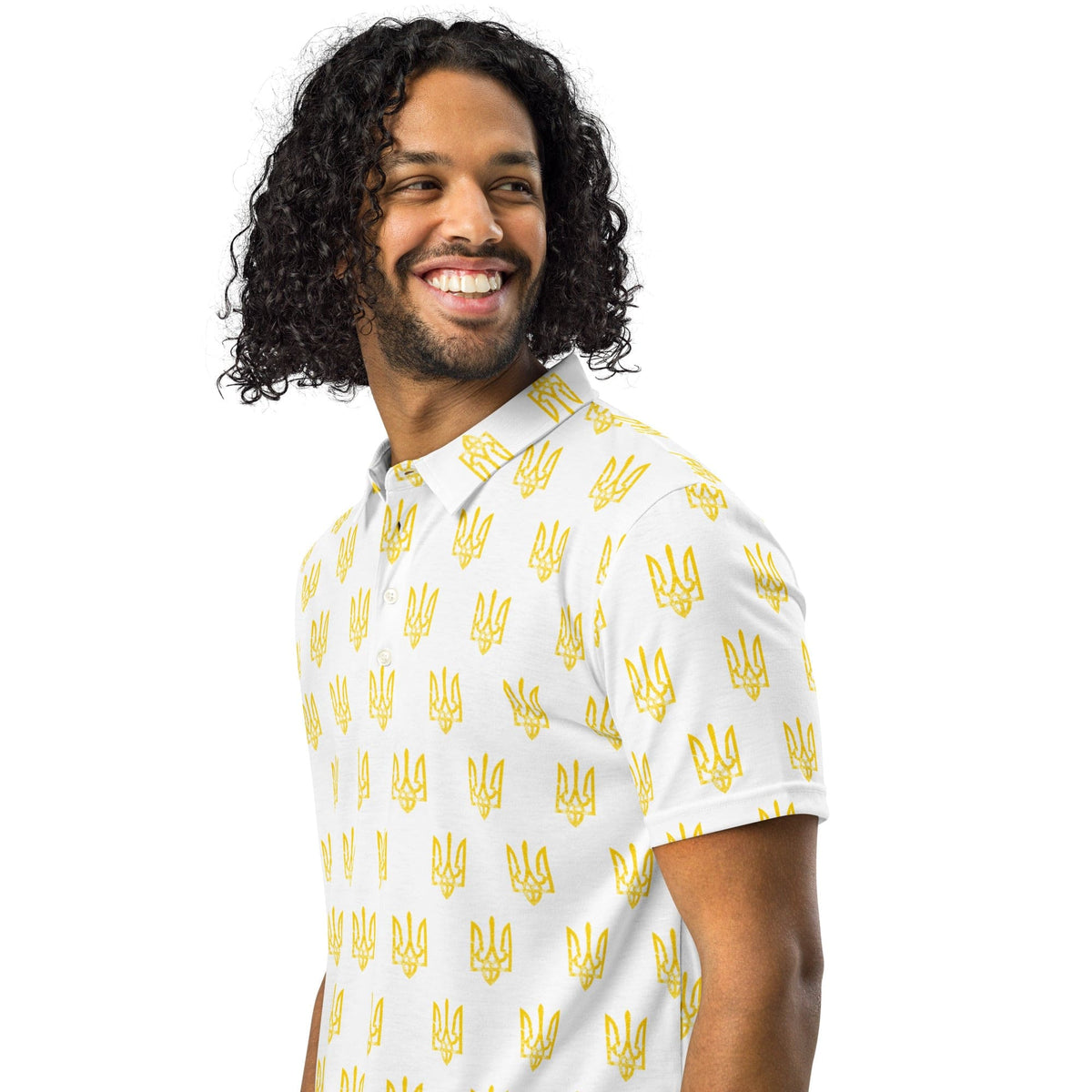 Men’s slim fit polo shirt with white base and repeating yellow trident pattern; front close-up.