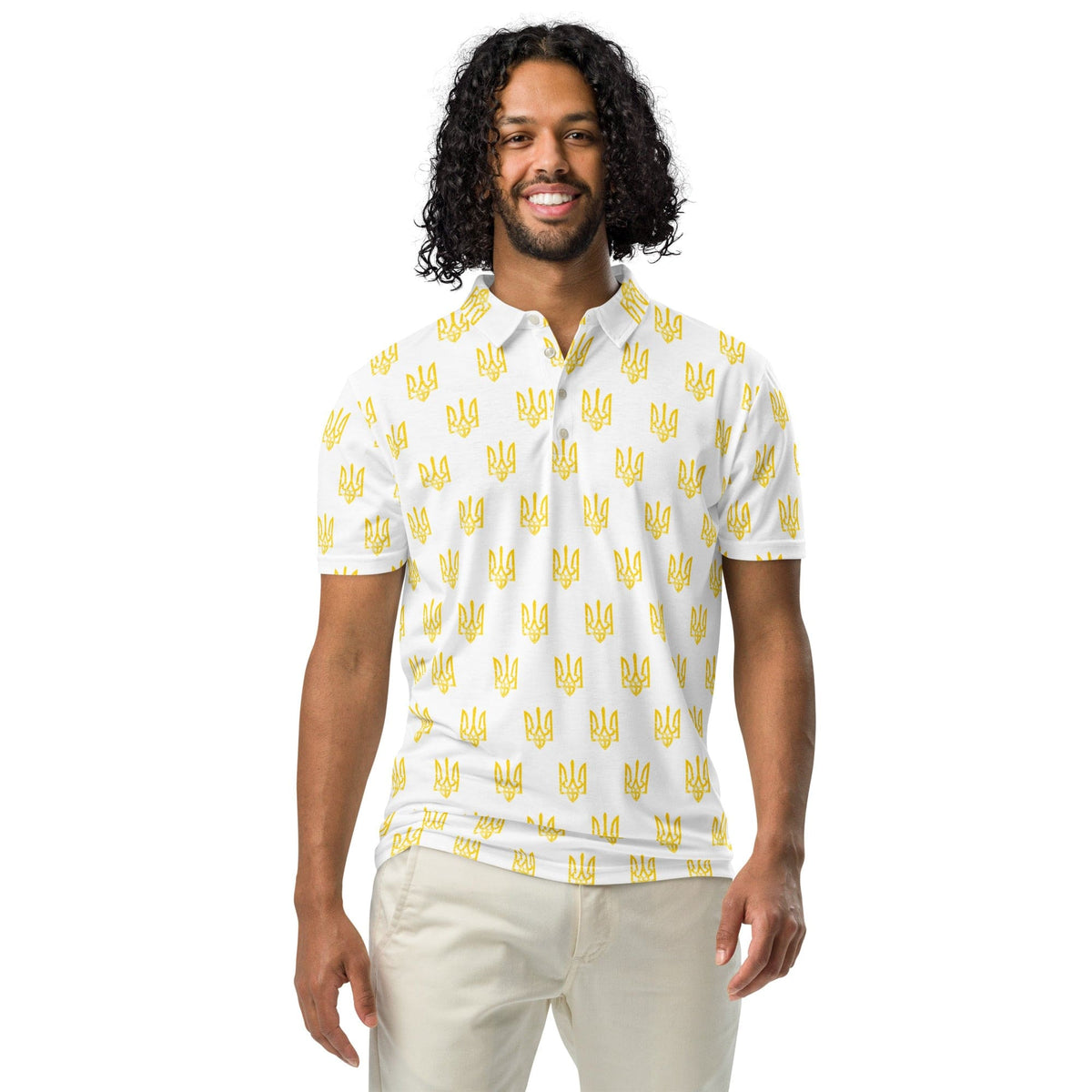 Men’s slim fit polo shirt in white with yellow trident pattern; chest view with collar.