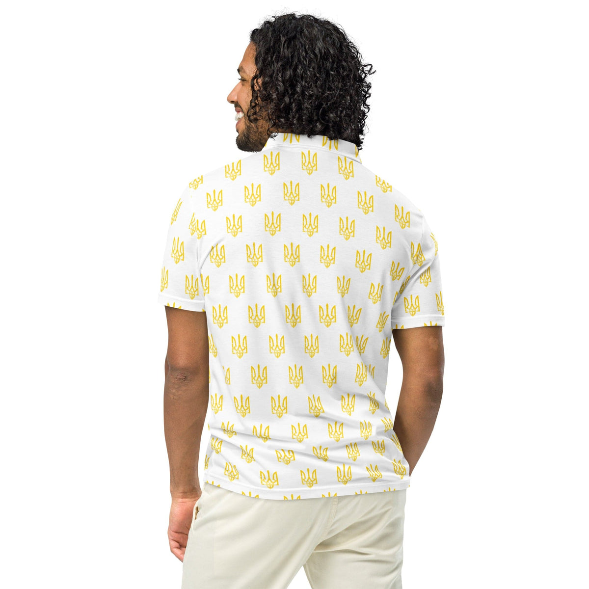 Men’s slim fit polo shirt with repeating yellow trident print on white; back side view.