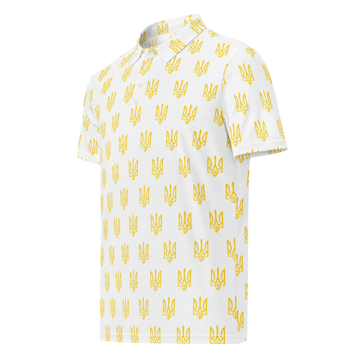 Men’s slim fit polo shirt, white with repeating yellow trident pattern; back view.