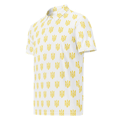 Men’s slim fit polo shirt, white with repeating yellow trident pattern; back view.