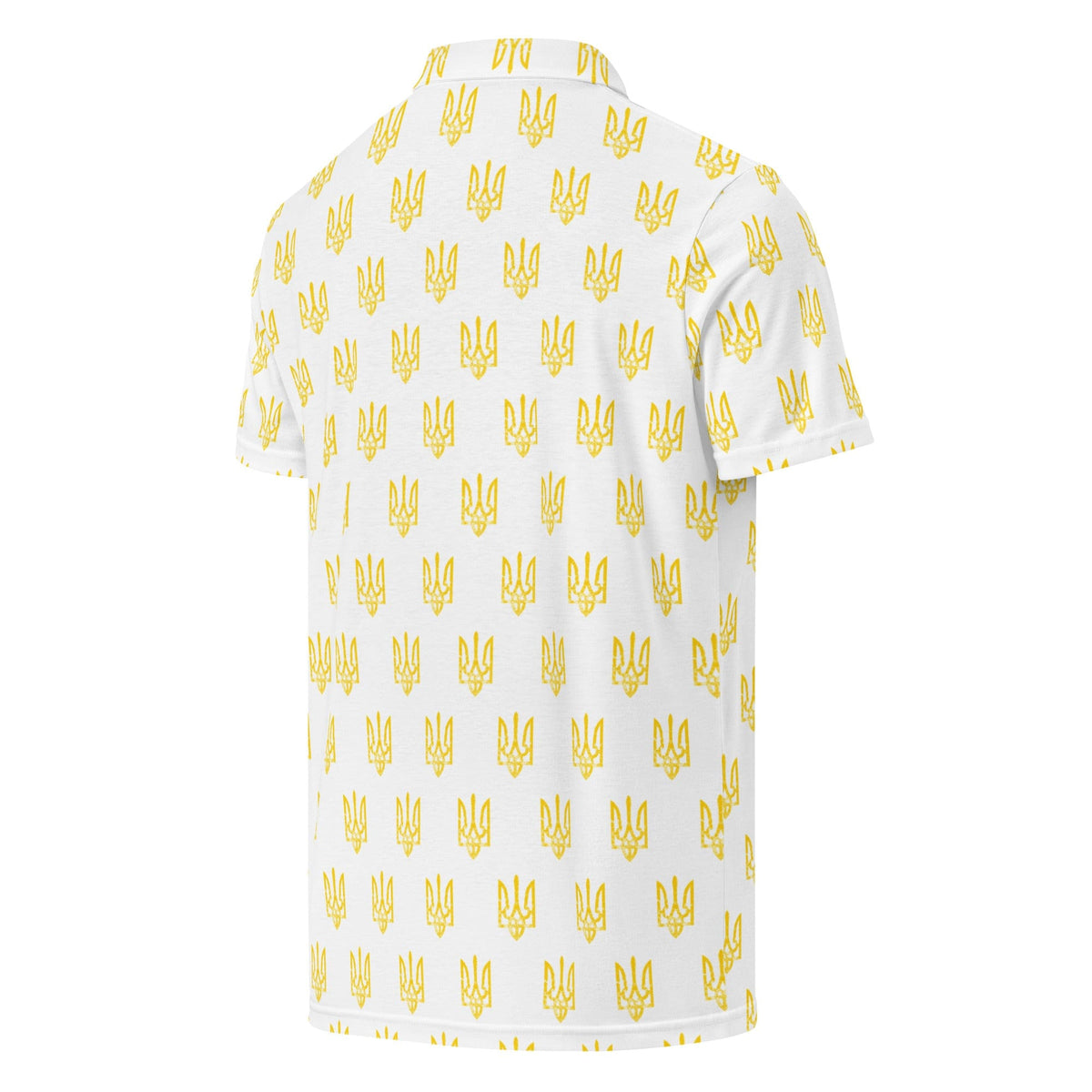 Men’s slim fit polo shirt with white base and yellow trident pattern; back three-quarter view.