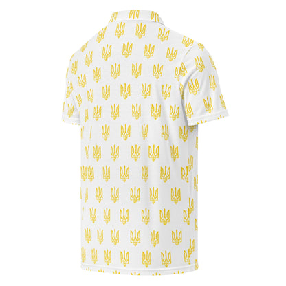 Men’s slim fit polo shirt with white base and yellow trident pattern; back three-quarter view.