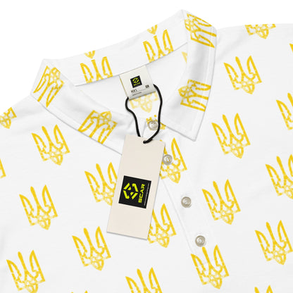 Men’s polo shirt laid flat in white with repeating yellow trident pattern; button placket visible.