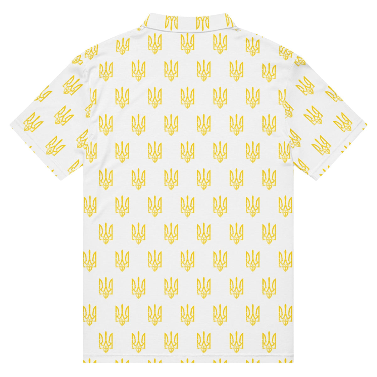 Men’s slim fit polo shirt in white with repeating yellow trident pattern; back view laid flat.