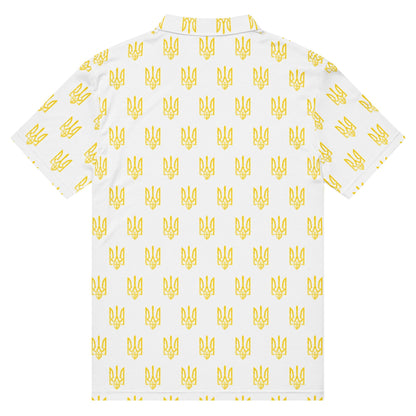 Men’s slim fit polo shirt in white with repeating yellow trident pattern; back view laid flat.