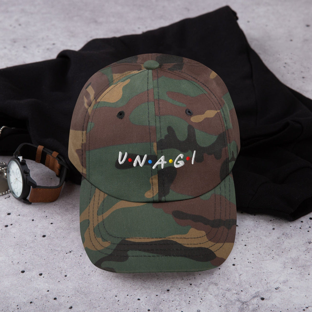 Camo embroidered baseball cap with UNAGI logo stitching on front