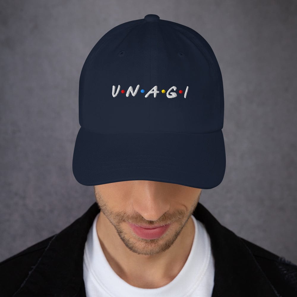 Navy embroidered cap with V.N.A.G.I logo on front, low-profile crown and curved brim